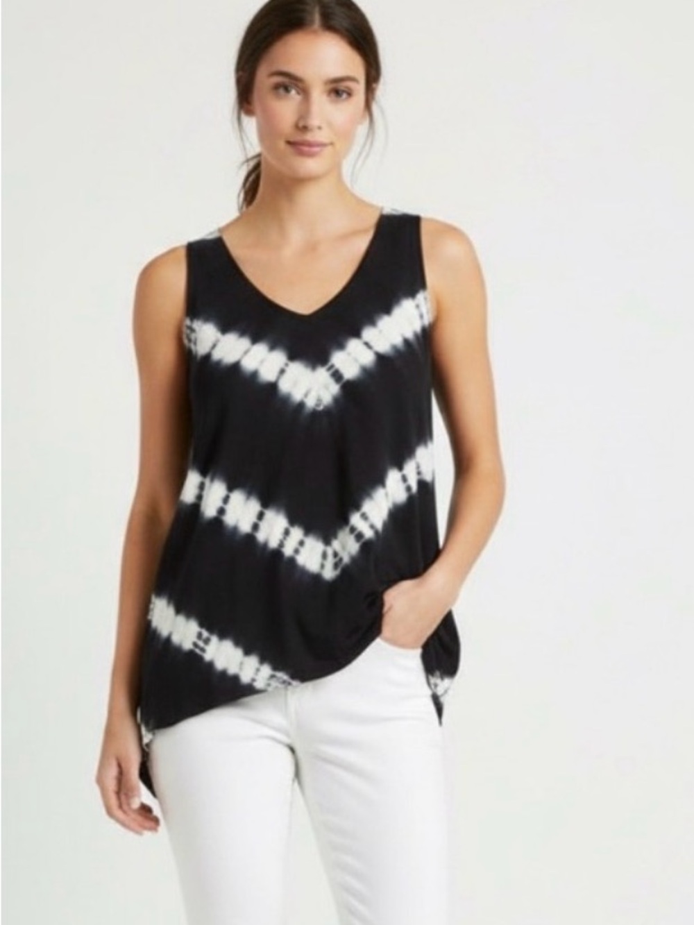 DKNY Black/White Tie Dye Asymmetrical Hem Tank Top Size Large Cut Out Back